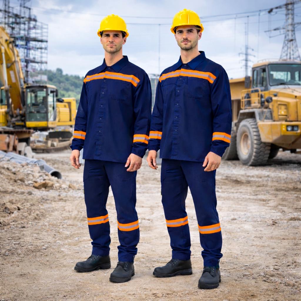 Dois operários usando uniformes profissionais azuis